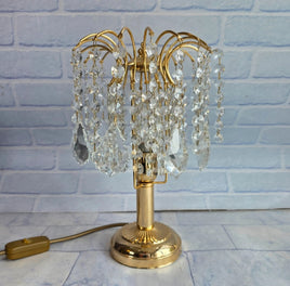 Vintage Crystal Drop Waterfall Table Lamp 1970s Gold Tested Working