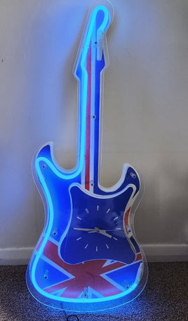 Vintage Neon Electric Guitar Clock Union Jack Style Man Cave Home Bar